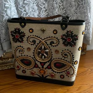 Embellished Beige and Black Satchel